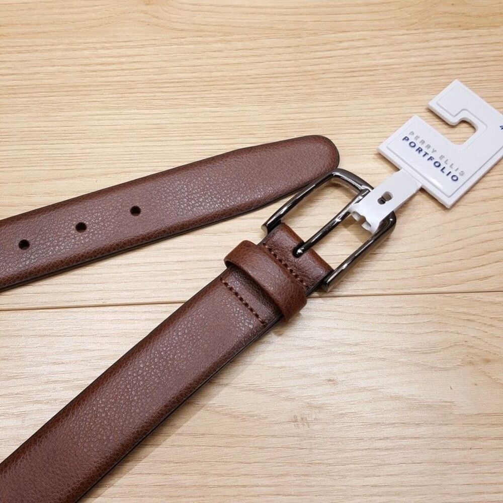 PERRY ELLIS Belt Mens Size 40 Brown Burnished Edge Pebbled Faux Leather
